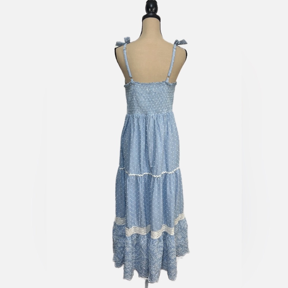 Shabby Chic Blue White Cotton Boho Sundress Tie Strap Tiered Embroidered size 10 - Picture 4 of 10